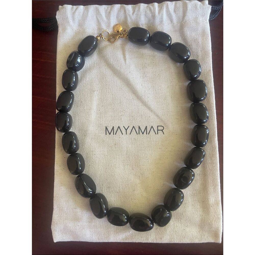Mayamar Black Beaded Necklace - Polished Oval Statement Necklace